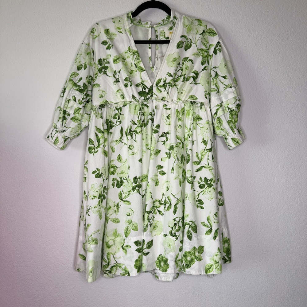 Maeve Anthropologie Green White Floral V‑Neck Tunic Dress Pockets NWT Size XS